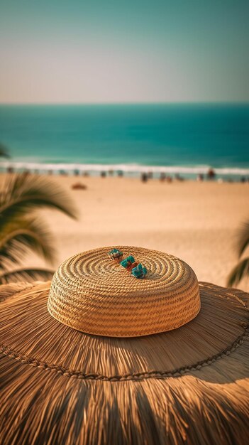 A straw hat with turquoise beads sits on a beach