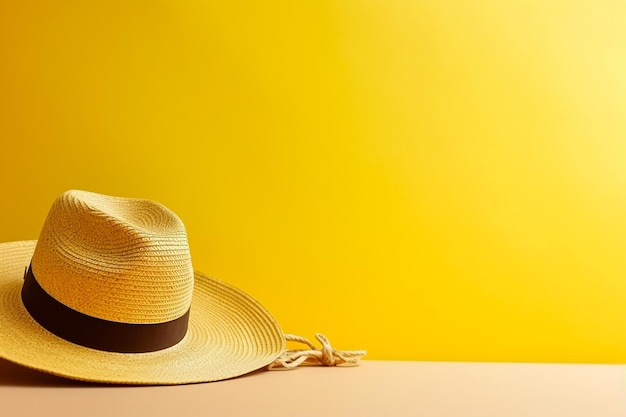 Straw hat on yellow background with copy space Beach tourism travel relax vacai holiday background Minimal summer vacation concept AI generated