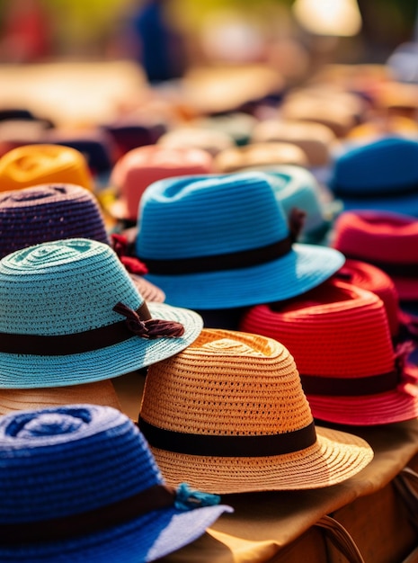 Photo straw hats on sale in a flea market