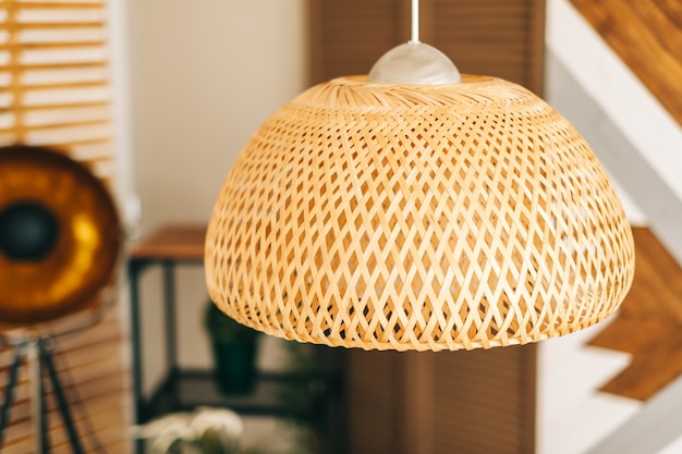 Straw lampshade in modern living room Ecofriendly interior design