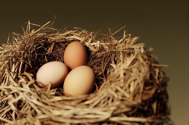 Straw nest with brown eggs and chicken hatching from egg