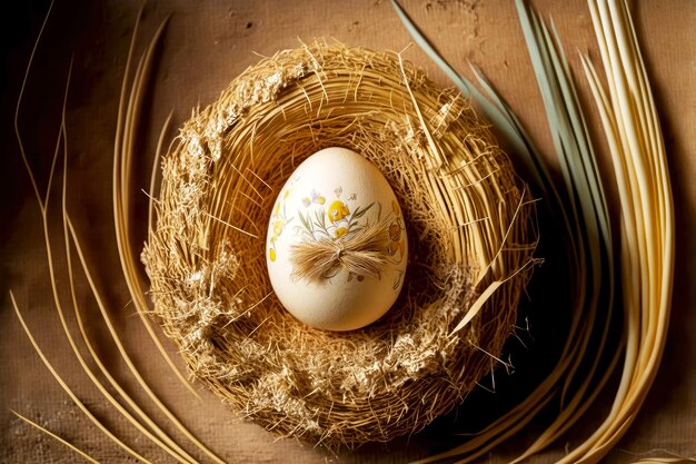 Straw nest with symbol of spring in form of decorated easter egg