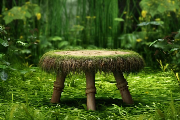 Photo straw stool in the garden with grass and flowers