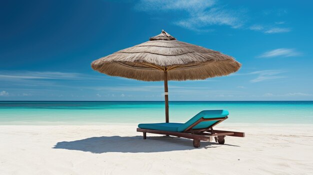 A straw umbrella shades a lone sunbed in an idyllic beach setting