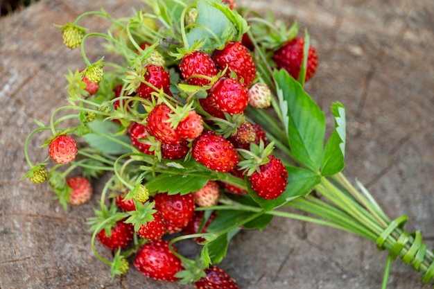 Strawberries are lying on a stump in the forest. Ripe strawberries on a wooden background close-up. Juicy red wild berries and leaves in the grass in the summer forest. Strawberry bouquet