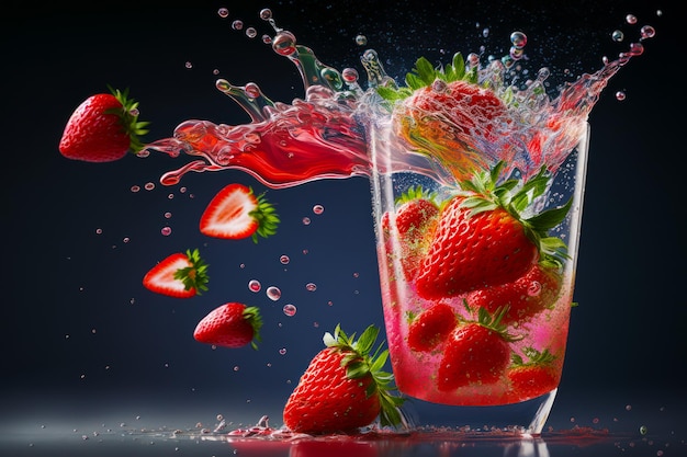 어두운 배경에서 딸기가 물잔에 튀고 있습니다. Generative AI