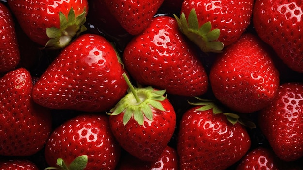 Strawberries background with drops of water Top down view