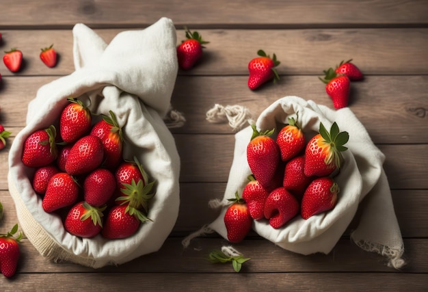 Strawberries in bags on a wooden table