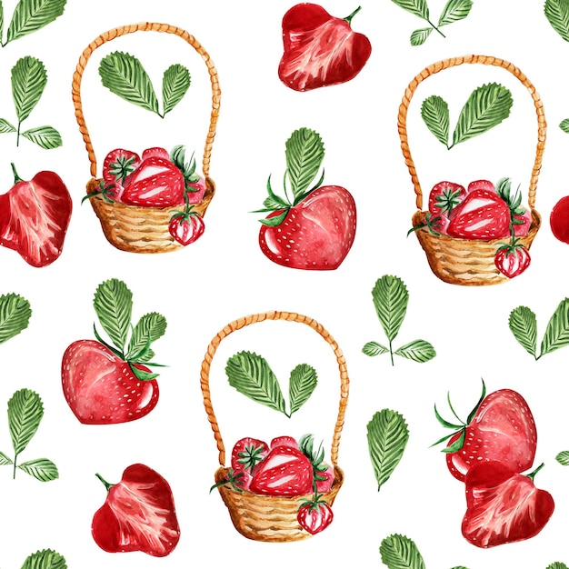 Strawberries in a basket watercolor seamless pattern