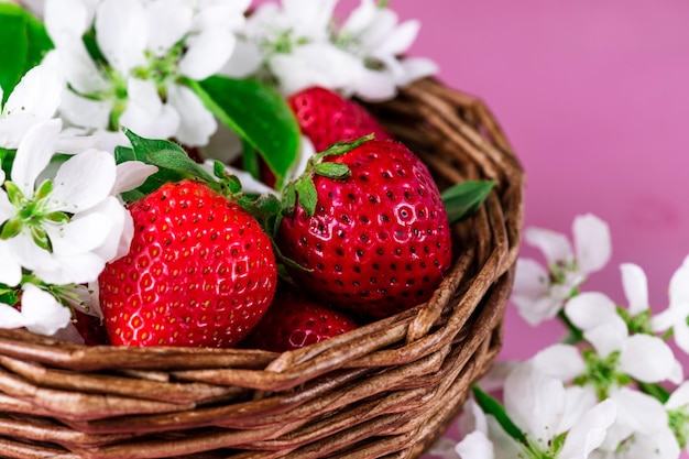 Strawberries in a basket with white flowers