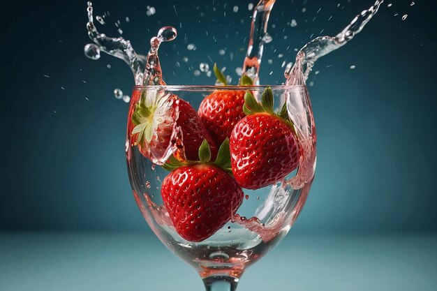 Strawberries being dropped into a glass with splashes frozen in midair