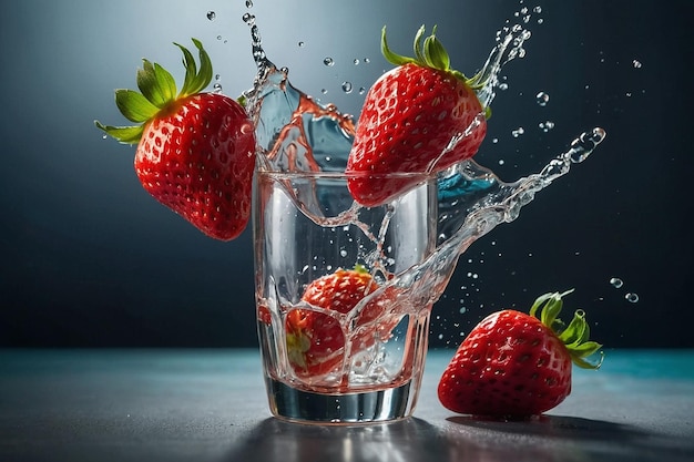 Strawberries being dropped into a glass with splashes frozen in midair