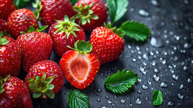 Foto fragole su sfondo nero con gocce d'acqua