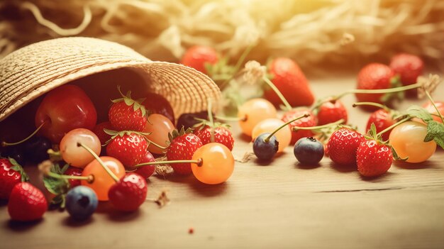 A strawberries and blueberries are scattered on a table.