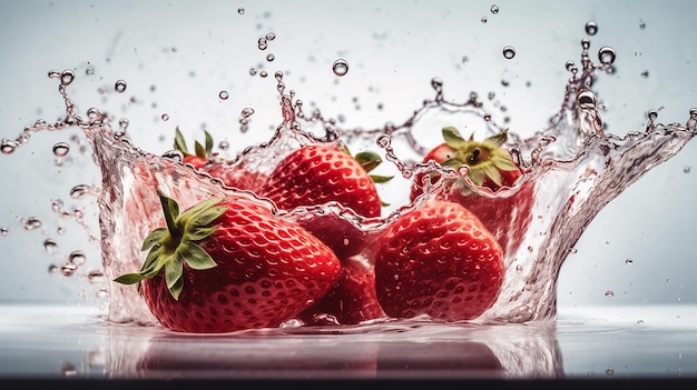 Strawberries in a bowl with water splashing around them