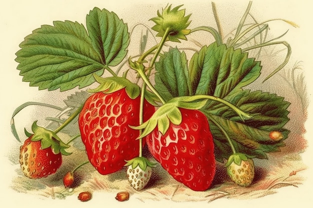 Strawberries on a branch with leaves Generative AI