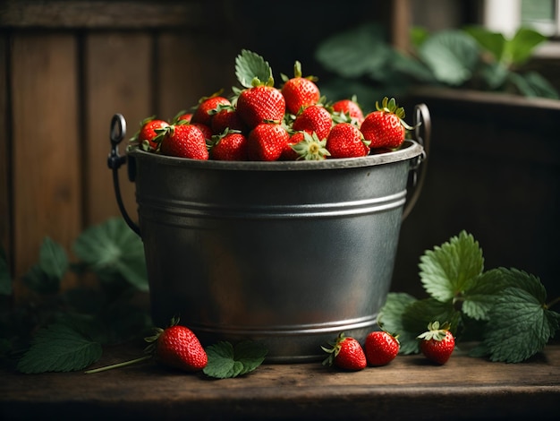 Strawberries on a bucket with leaves 01