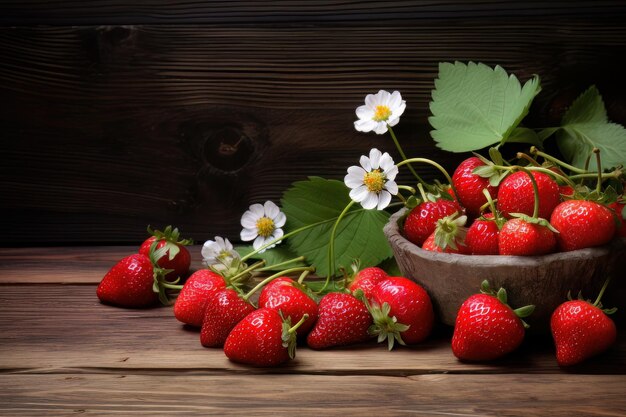 Strawberries and cherries on wooden background