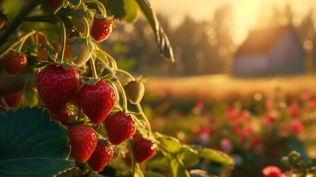 Strawberries close up Blurred cottage house and flower meadow background Cottage rural backdrop