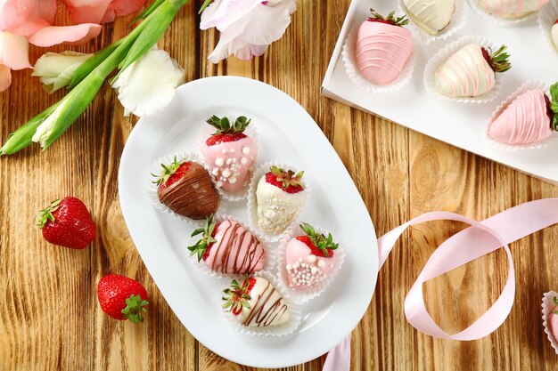 Strawberries covered with different chocolate on white plate