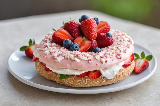 Photo strawberries and cream cheese bagel