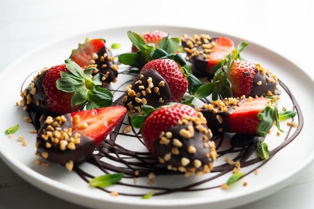 Strawberries dipped in dark chocolate and coated with toasted almonds