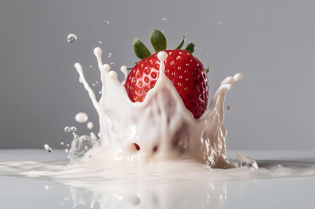 Strawberries fall into milk Strawberries and a splash of cream AI Generated