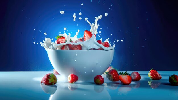 strawberries falling into a bowl of milk on a blue background Generative AI