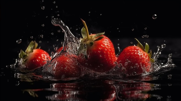 Strawberries falling into water with splash and ripples on black backgroundgenerative ai