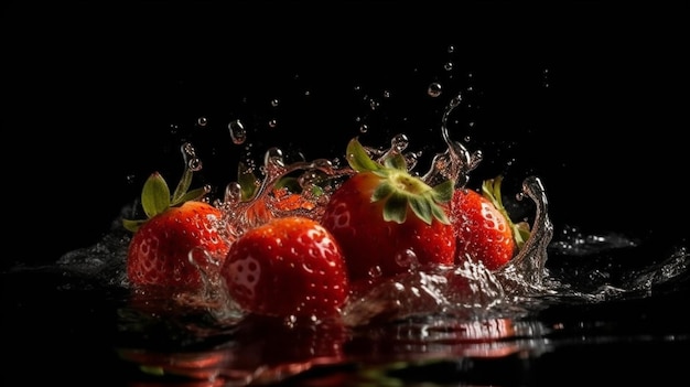 Strawberries falling into water with splash and ripples on black backgroundgenerative ai