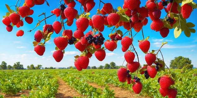 Strawberries on a farm with blue sky in the background