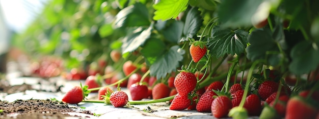 Photo strawberries grow in a greenhouse closeup