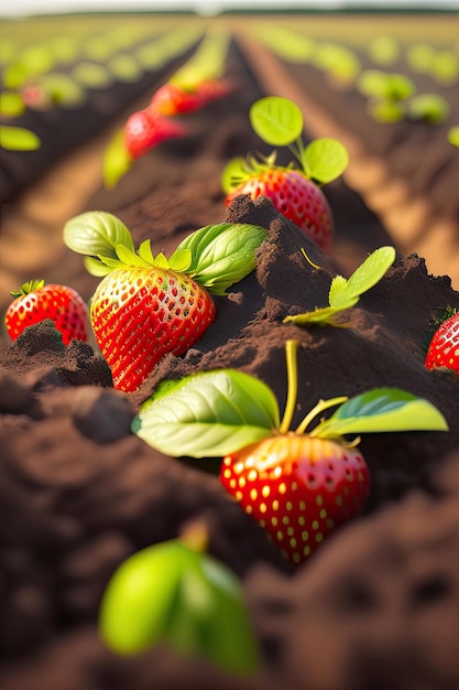 strawberries growing in a soil with a few leaves.