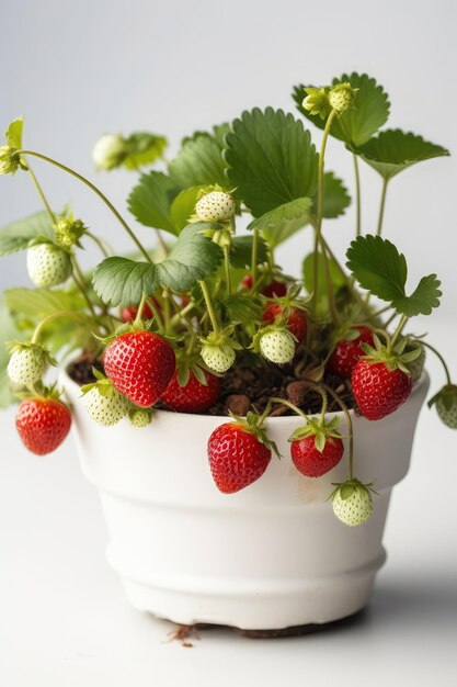 Strawberries Growing In White Pot On White Background Generative AI