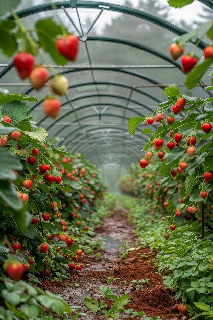 Photo strawberries growing in wooden boxes