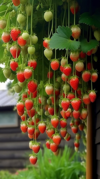 Strawberries hanging from the ceiling of a greenhouse.