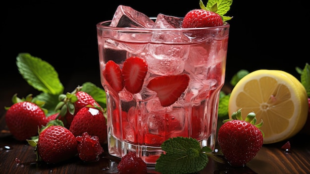 Strawberries and ice cubes are blended in a huge glass of pleasant lemonade Against the wooden bac