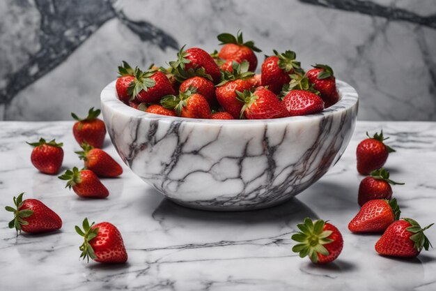 Photo strawberries in a marble bowlon a marble table view from the above realistic detailed shot