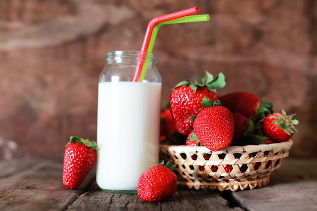 Strawberries and milk in a glass