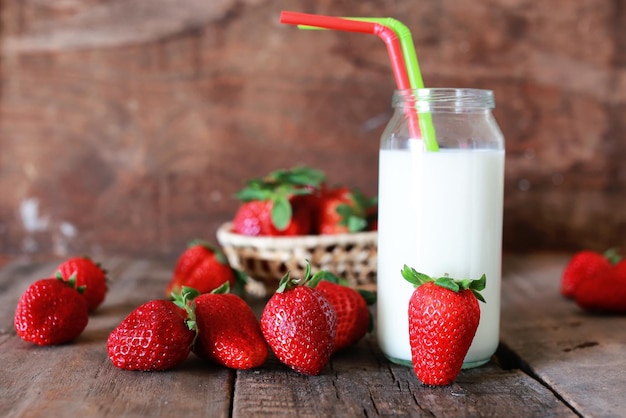 Strawberries and milk in a glass