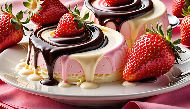 Strawberries in pale yellowpink cream with chocolate