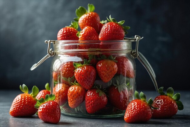 Strawberries piled high in a glass jar tempting and delicious