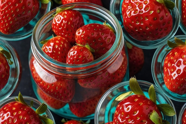 Strawberries piled high in a glass jar tempting and delicious