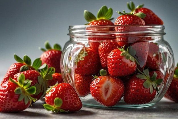 Strawberries piled high in a glass jar tempting and delicious