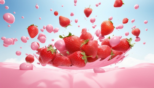 Strawberries in a pink milk splash 3d illustration