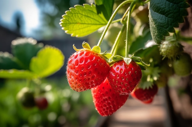 太陽が輝いている植物上のイチゴ