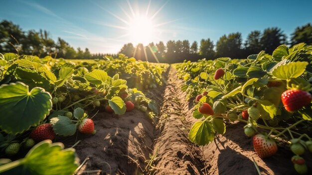 Strawberries plantation field at sunset summer farm landscape