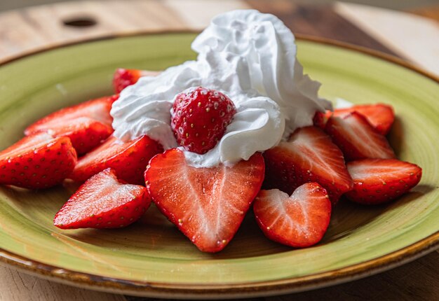 Strawberries on a plate with cream Yummy