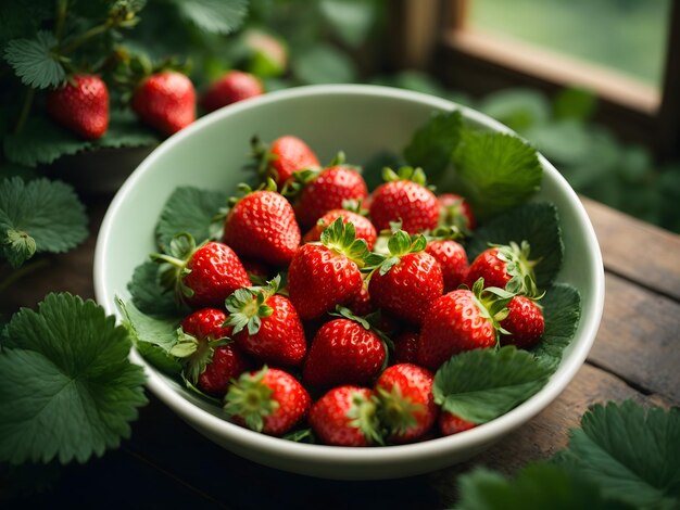 Strawberries ripe and farm fresh in big bowl surrounded by green leaves