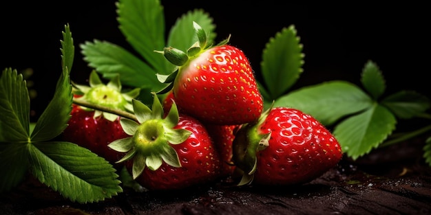 Strawberries on rustic wooden table Ripe berries with green leaves natural AI Generative